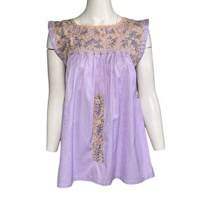 Mi Golondrina Mexico Top Womens Small Lavender Purple Embroidered Peasant Huipil